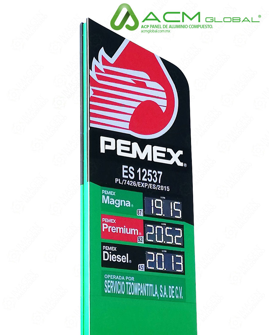 RECUBRIMIENTO TOTEM ACM GLOBAL PEMEX VERDE NEGRO Y SILVER PANEL ALUMINIO